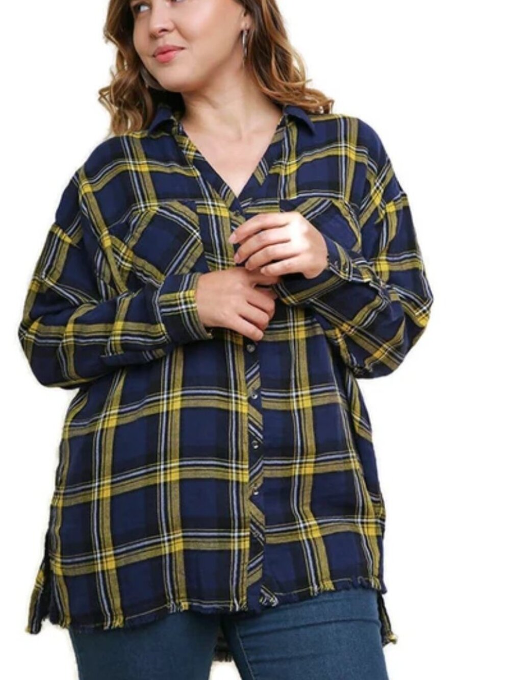 UMGEE Shirt Womens XL Blue Yellow Plaid Flannel Button Front Fringe Tunic Top